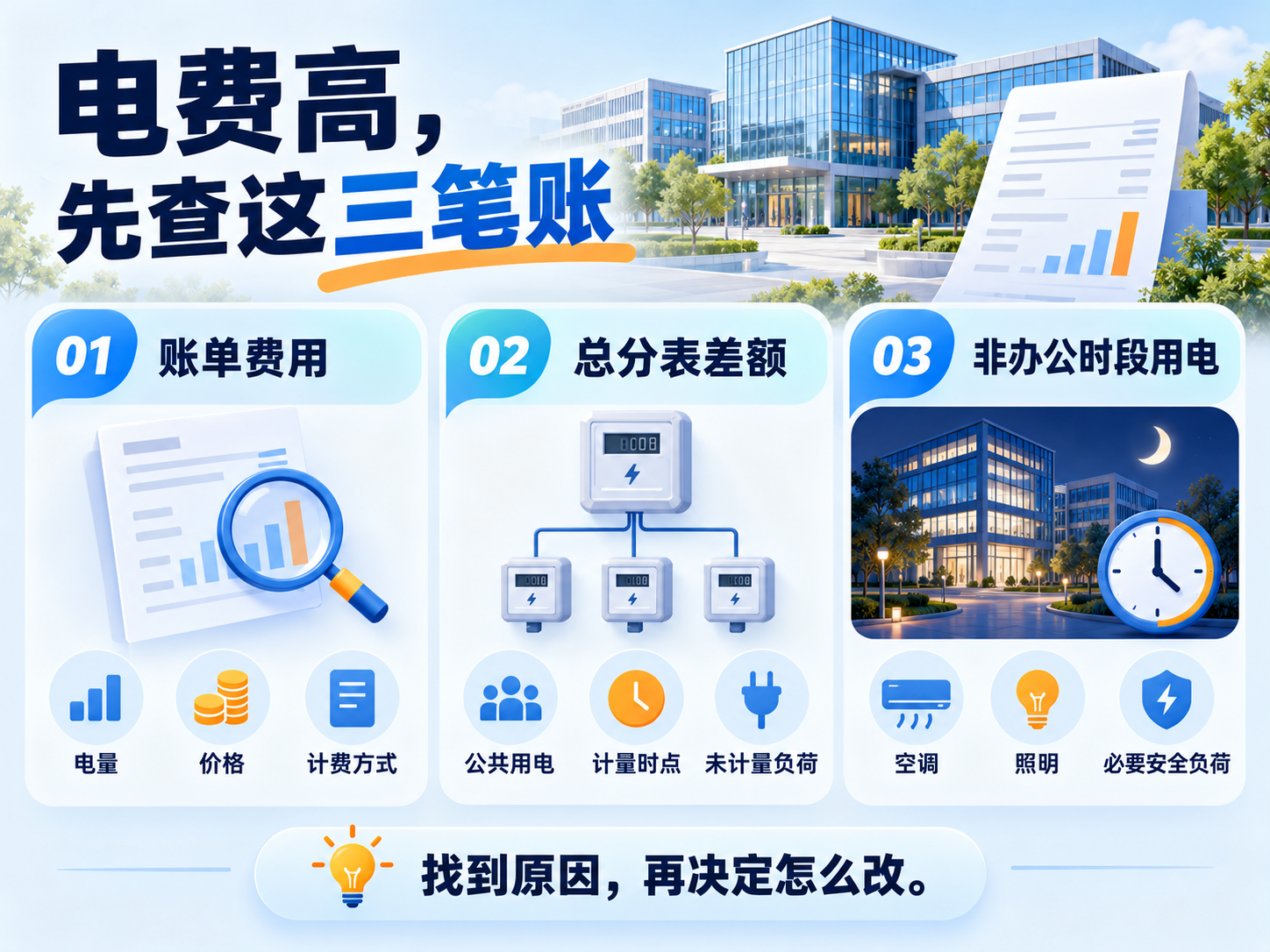 电费高,先查账单费用、总分表差额和非办公时段用电这三笔账