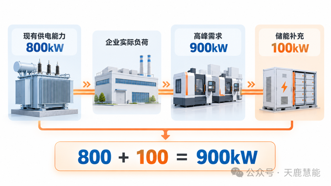变压器供电能力、企业实际负荷、新增设备需求与储能补充功率的关系