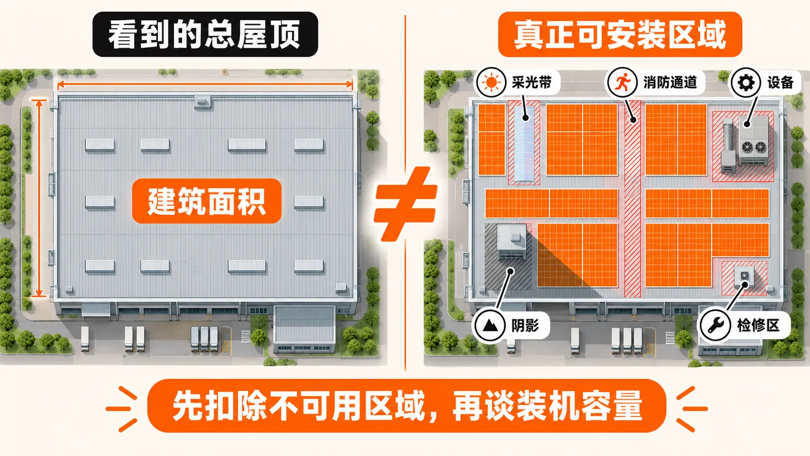 ! 厂房屋顶总面积与光伏有效面积的区别