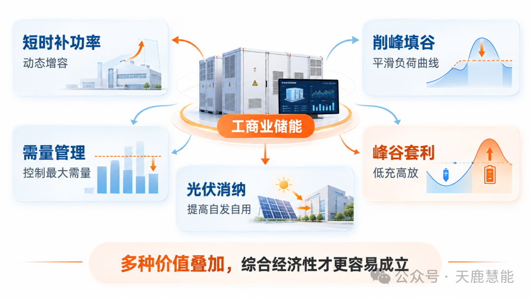 工商业储能短时补功率、削峰填谷、需量管理、峰谷套利和光伏消纳的综合价值